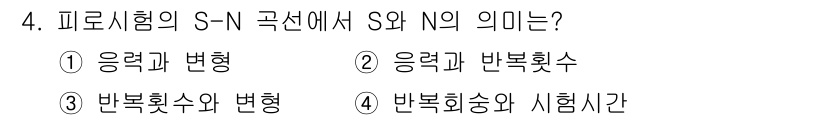금속재료기능장 2015년 4번 - S-N 곡선에서 S는 "응력(stress)"을, N은 "반복횟수(cycl... 에 관한 핵심 기출문제