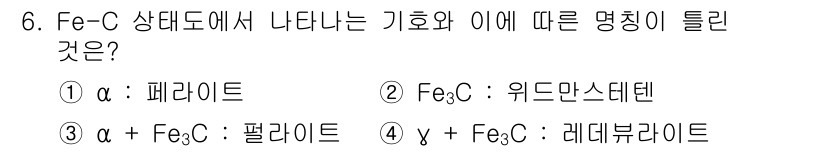 금속재료기능장 2015년 6번 - F–e–C 상태도에서 Fe₃C는 위드만스테텐(Widmanstätten) ... 에 관한 핵심 기출문제