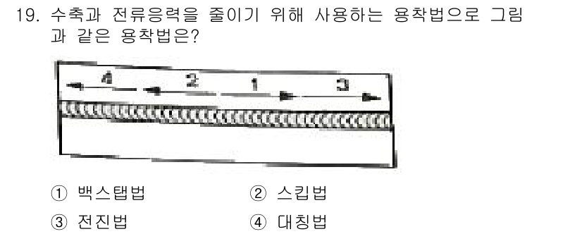 초음파비파괴검사산업기사(구) 2020년 19번 - 이 문제에서 제시된 용착법은 '대칭법'입니다. 대칭법은 수축과 전류응력을... 에 관한 핵심 기출문제