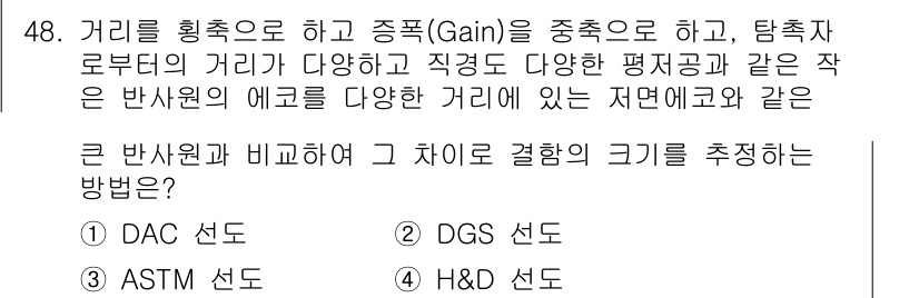 초음파비파괴검사산업기사(구) 2020년 48번 - 주어진 문제는 초음파비파괴검사에서 에코의 크기를 평가하는 방법에 대한 내... 에 관한 핵심 기출문제