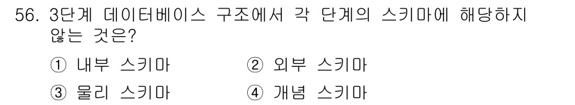 멀티미디어콘텐츠제작전문가 2019년 56번 - 3단계 데이터베이스 구조에서 '내부', '외부', '개념' 스키마는 모두... 에 관한 핵심 기출문제