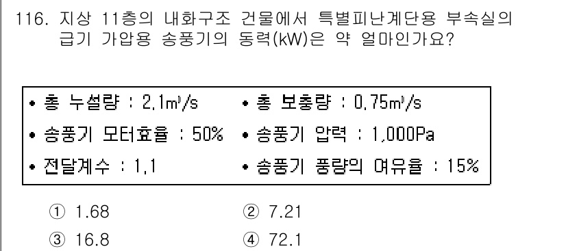 소방시설관리사 2020년 118번 - 주어진 문제에서 송풍기의 동력을 계산하기 위해, 기본적인 공기 유량과 송... 에 관한 핵심 기출문제