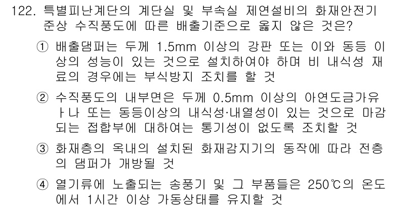 소방시설관리사 2020년 124번 - 정답이 '1'인 이유는 배출댐퍼의 설치 기준에 관한 명확한 규정 때문입니... 에 관한 핵심 기출문제