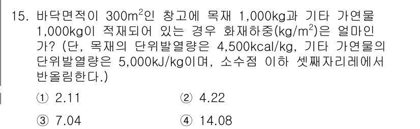 소방시설관리사 2020년 15번 - 이 문제는 주어진 목재와 기타 가연물에서 발생하는 화재하중을 계산하는 것... 에 관한 핵심 기출문제