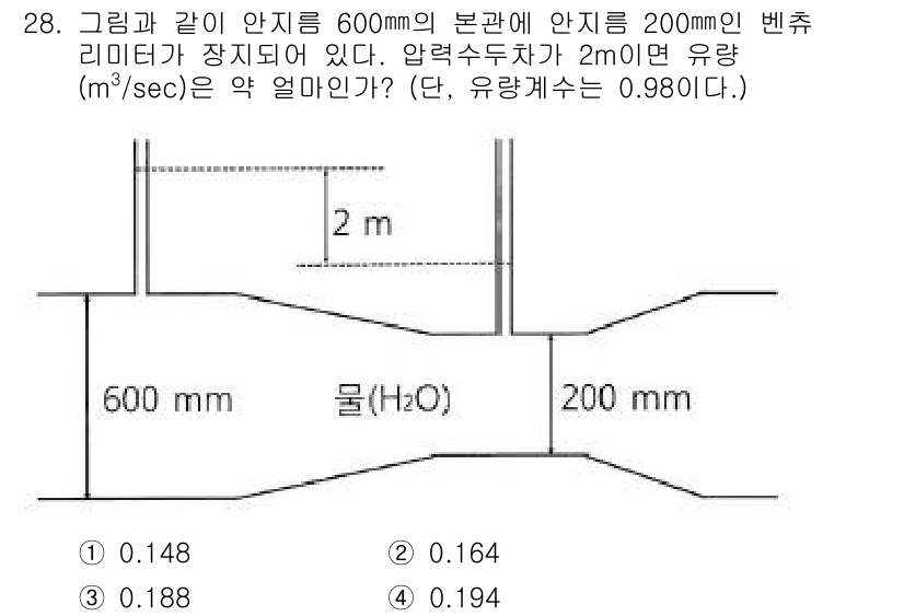 소방시설관리사 2020년 28번 - 주어진 문제는 베르누이의 원리를 적용하여 유량을 구하는 문제입니다. 압력... 에 관한 핵심 기출문제