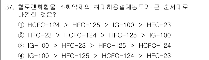 소방시설관리사 2020년 37번 - 소화약제의 최대허용설계농도는 그 물질의 안전성과 효과성의 기준을 나타냅니... 에 관한 핵심 기출문제