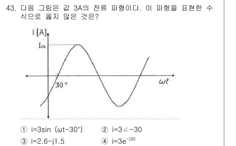 소방시설관리사 2020년 43번 - 주어진 전류 파형은 3A의 크기와 30°의 위상을 가지며, 이는 정현파 ... 에 관한 핵심 기출문제