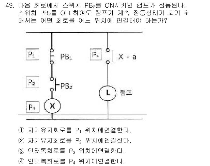 소방시설관리사 2020년 49번 - 이 문제에서 스위치 PB2를 OFF하더라도 램프 L이 계속 켜지려면, 자... 에 관한 핵심 기출문제