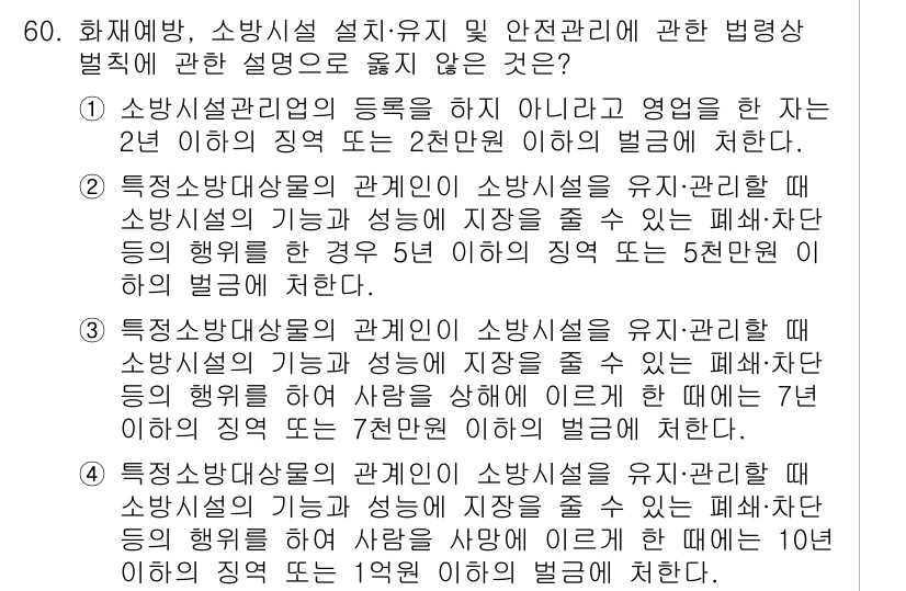 소방시설관리사 2020년 60번 - 정답이 '1'인 이유는, 소방시설 관리업의 등록을 하지 않고 영업할 경우... 에 관한 핵심 기출문제