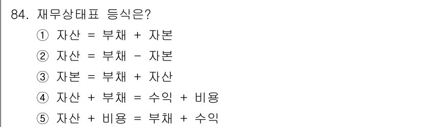 가맹거래사 2015년 84번 - 재무상태표는 자산 = 부채 + 자본으로 구성됩니다. 이 등식은 기업의 재... 에 관한 핵심 기출문제