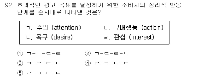 가맹거래사 2015년 92번 - 이 문제는 소비자의 심리적 반응 단계를 순서대로 나열하는 것입니다. 효과... 에 관한 핵심 기출문제