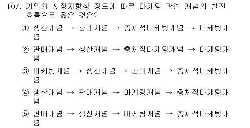 가맹거래사 2016년 106번 - 정답 '2'는 판매개념에서 시작하여 생산개념과 총체적 마케팅개념으로 발전... 에 관한 핵심 기출문제