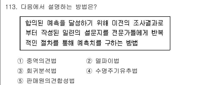 가맹거래사 2016년 112번 - 주어진 설명은 수집된 정보를 바탕으로 전문가에게 의견을 수렴하여 예측치를... 에 관한 핵심 기출문제