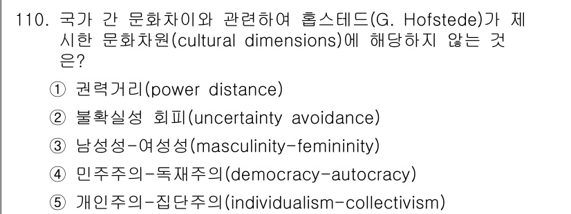 가맹거래사 2017년 110번 - 호프스테드가 제시한 문화 차원 중 '민주주의-독재주의'는 문화 차원이 아... 에 관한 핵심 기출문제