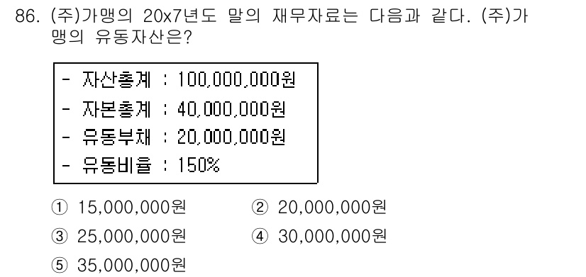 가맹거래사 2017년 86번 - 유동자산은 총자산에서 유동부채를 고려하여 계산합니다. 주어진 자료에서 자... 에 관한 핵심 기출문제