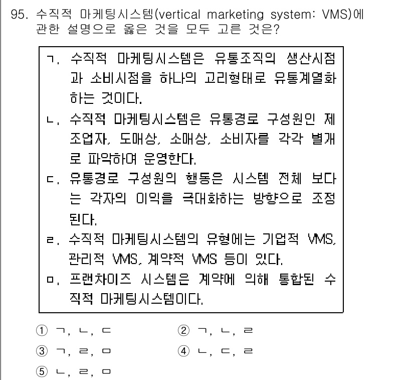 가맹거래사 2017년 95번 - 정답 '3'번이 올바른 이유는 '가'와 '나' 설명이 VMS의 특징을 잘... 에 관한 핵심 기출문제
