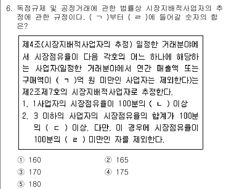 가맹거래사 2018년 6번 - 문제는 시장 점유율에 대한 규정과 해당 금액의 기준을 제시하고 있습니다.... 에 관한 핵심 기출문제