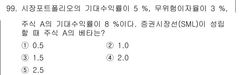 가맹거래사 2019년 99번 - 주식 A의 기대수익률은 8%로, 이는 시장의 기대수익률 5%와 무위험이자... 에 관한 핵심 기출문제