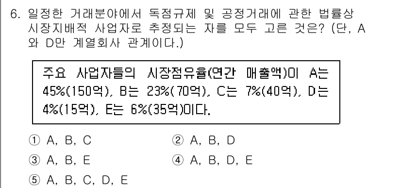 가맹거래사 2020년 6번 - 문제에서 제시된 대로 독점규제 및 공정거래에 관한 법률은 특정 사업자들의... 에 관한 핵심 기출문제