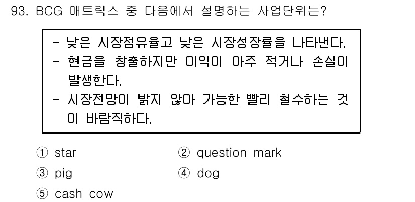 가맹거래사 2020년 93번 - BCG 매트릭스에서 'dog' 사업단위는 낮은 시장 점유율과 낮은 시장 ... 에 관한 핵심 기출문제