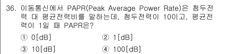 정보통신산업기사 2020년 36번 - PAPR(Peak Average Power Ratio)는 최대 전력과 평... 에 관한 핵심 기출문제
