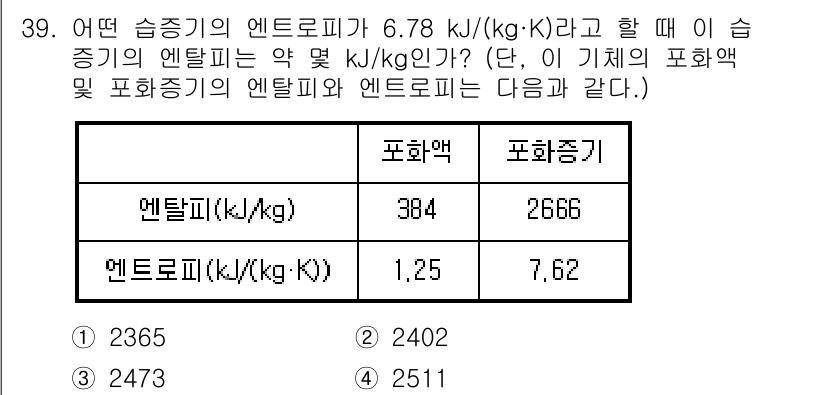 건설기계설비기사 2020년 39번 - 주어진 엔트로피 값(6.78 kJ/(kg·K))을 이용해 습증기 엔탈피를... 에 관한 핵심 기출문제