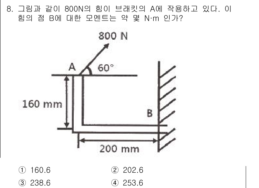 건설기계설비기사 2020년 8번 - 이 문제는 모멘트의 계산을 요구합니다. 주어진 힘 800 N이 점 A를 ... 에 관한 핵심 기출문제