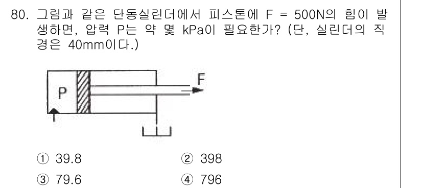 건설기계설비기사 2020년 80번 - 압력 P는 힘 F와 면적 A의 비로 계산됩니다. 면적 A는 실린더의 직경... 에 관한 핵심 기출문제