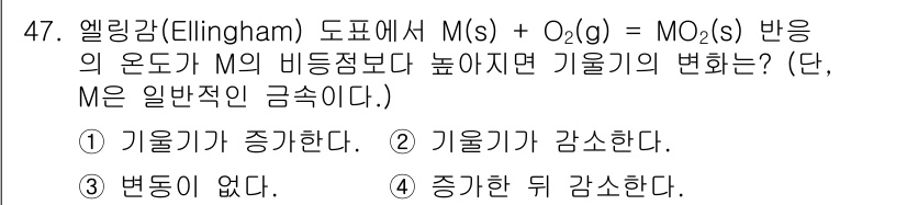 금속재료기사 2020년 47번 - 엘링햄 도표에서 특정 금속 M의 산화 반응의 온도가 높아지면, 해당 금속... 에 관한 핵심 기출문제