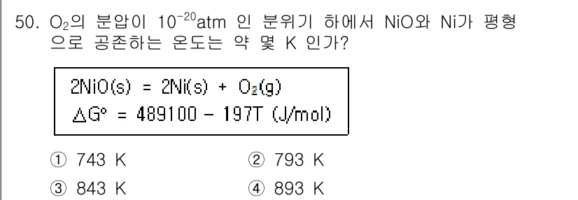 금속재료기사 2020년 50번 - 반응의 자유 에너지 변화(ΔG)는 온도에 따라 달라지며, Gibbs 자유... 에 관한 핵심 기출문제