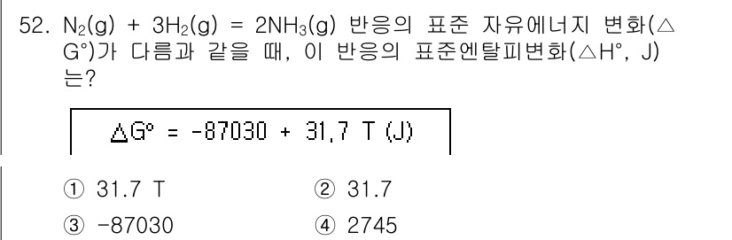 금속재료기사 2020년 52번 - 주어진 반응의 자유 에너지 변화(ΔG°)와 온도(T)에 따른 관계를 고려... 에 관한 핵심 기출문제