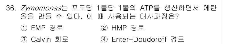 바이오화학제품제조기사 2020년 36번 - 정답은 4번 Enter-Doudoroff 경로입니다. Zymomonas는... 에 관한 핵심 기출문제