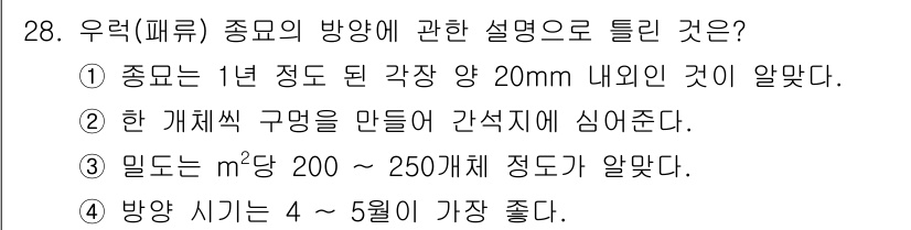 수산양식기사 2020년 28번 - 우럭(피류)의 방양에 관한 설명으로는, 종모는 1년 정도 된 각장 약 2... 에 관한 핵심 기출문제