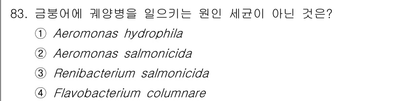 수산양식기사 2020년 83번 - 정답은 ③ Renibacterium salmonicida입니다. 이 균주... 에 관한 핵심 기출문제