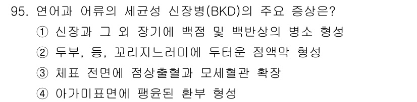 수산양식기사 2020년 95번 - . BKD(신장병) 주요 증상은 신장이 손상되고 백분증이나 병적 변화가 ... 에 관한 핵심 기출문제