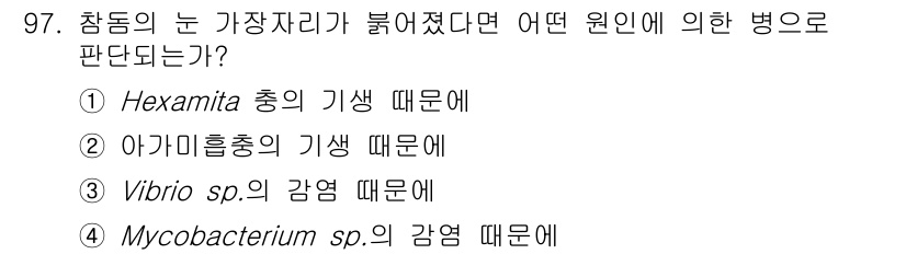 수산양식기사 2020년 97번 - Hexamita와 Mycobacterium sp.는 주로 수산 양식에서 ... 에 관한 핵심 기출문제