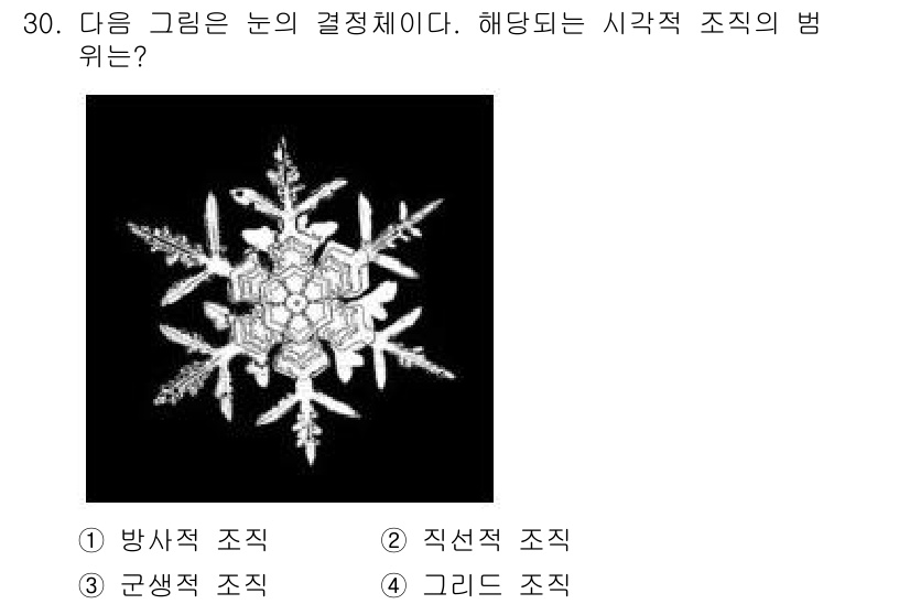 시각디자인기사 2020년 30번 - . 방사적 조직

해설: 이 그림은 중심에서 출발하여 외부로 방사되는 균... 에 관한 핵심 기출문제