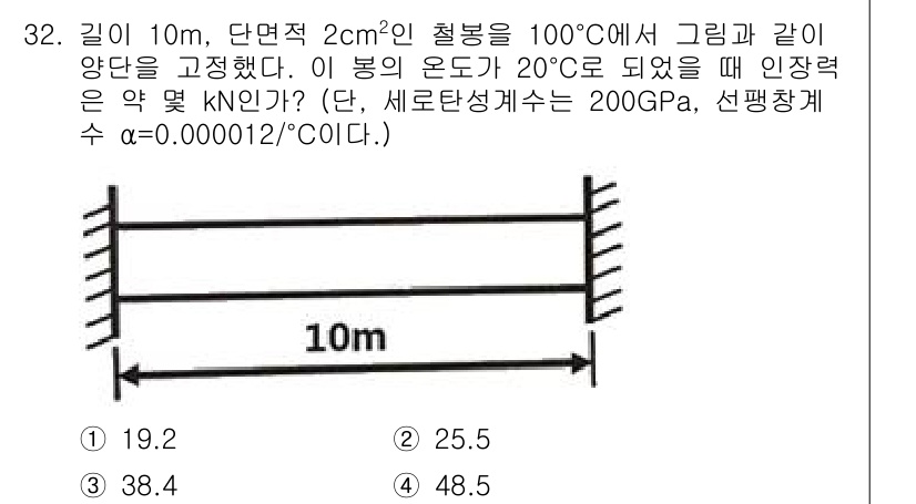 용접기사 2020년 32번 - 주어진 문제는 온도 변화에 따른 재료의 힘을 계산하는 문제입니다. 강재의... 에 관한 핵심 기출문제