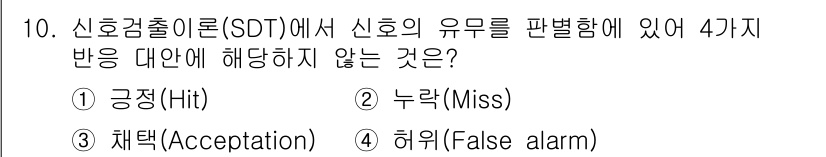 인간공학기사 2020년 10번 - 신호검출이론(SDT)에서 신호의 유형은 보통 네 가지로 분류되며, 이는 ... 에 관한 핵심 기출문제
