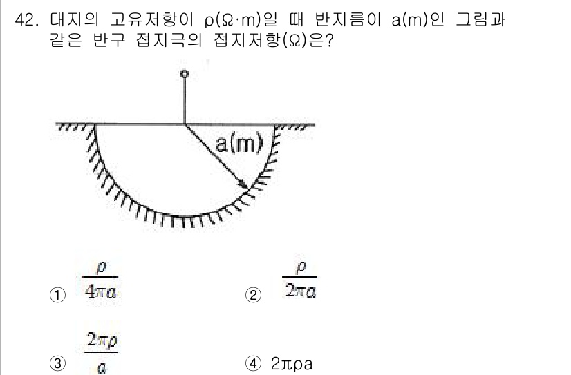 전기철도기사 2020년 42번 - 주어진 문제에서 대지의 고유저항이 ρ일 때, 반지름이 a인 원형 접지극의... 에 관한 핵심 기출문제