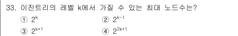 컴퓨터시스템기사(A형) 2020년 33번 - 이진트리의 레벨 \( k \)에서 최대 노드 수는 \( 2^k \)입니다... 에 관한 핵심 기출문제