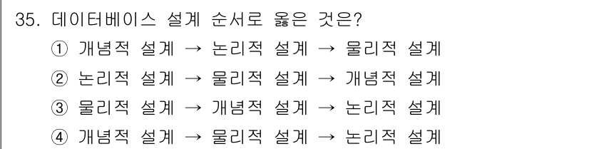 컴퓨터시스템기사(A형) 2020년 35번 - 데이터베이스 설계는 개념적 설계, 논리적 설계, 물리적 설계 순으로 진행... 에 관한 핵심 기출문제