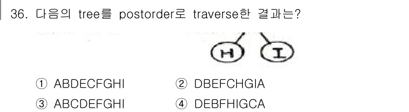 컴퓨터시스템기사(A형) 2020년 36번 - Postorder traversal은 왼쪽 서브트리, 오른쪽 서브트리, ... 에 관한 핵심 기출문제