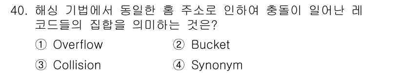 컴퓨터시스템기사(A형) 2020년 40번 - 해싱 기법에서 동일한 해시 주소로 인해 여러 레코드가 충돌하는 현상을 '... 에 관한 핵심 기출문제
