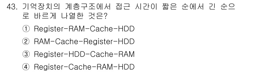 컴퓨터시스템기사(A형) 2020년 43번 - 정답은 '4'입니다. 컴퓨터 시스템에서 메모리는 접근 속도가 빠른 순서대... 에 관한 핵심 기출문제