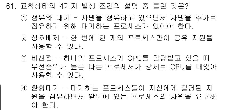컴퓨터시스템기사(A형) 2020년 61번 - 비선점 방식에서는 하나의 프로세스가 CPU를 할당받고 있는 동안, 우선순... 에 관한 핵심 기출문제