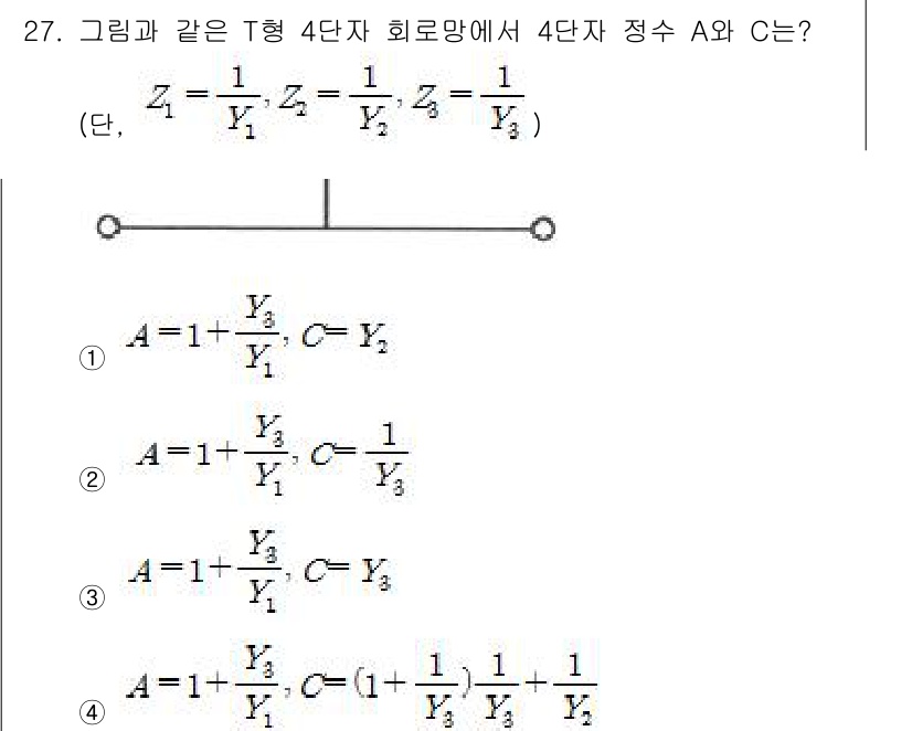 철도신호기사 2020년 27번 - 주어진 문제에서 T형 4단자 회로망의 정수를 구하는 과정에서, 각 단자의... 에 관한 핵심 기출문제