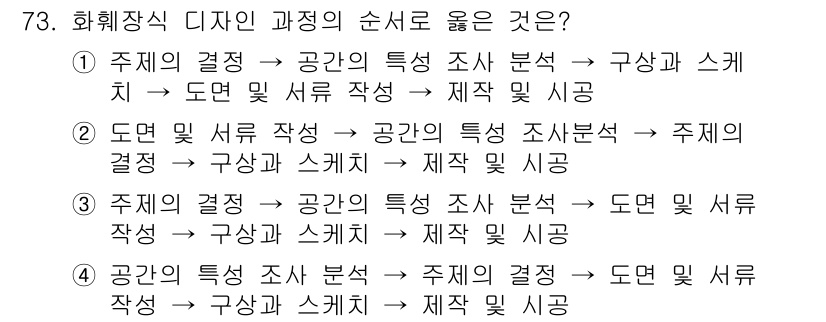 화훼장식기사 2020년 73번 - 화훼장식 디자인 과정은 주제의 결정부터 시작해, 공간과 도면 특성을 조사... 에 관한 핵심 기출문제