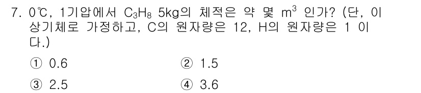 가스산업기사 2020년 7번 - C₃H₈의 몰 질량은 (3×12) + (8×1) = 44 g/mol입니다... 에 관한 핵심 기출문제