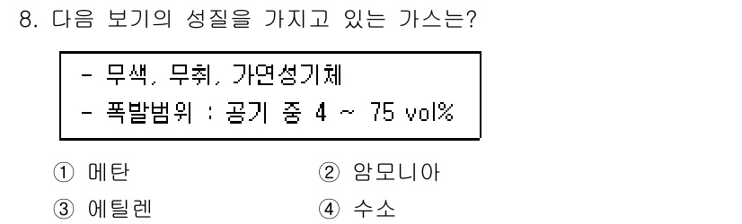 가스산업기사 2020년 8번 - 주어진 설명에서 '무색, 무취, 가연성'이란 특징을 가진 가스는 수소입니... 에 관한 핵심 기출문제